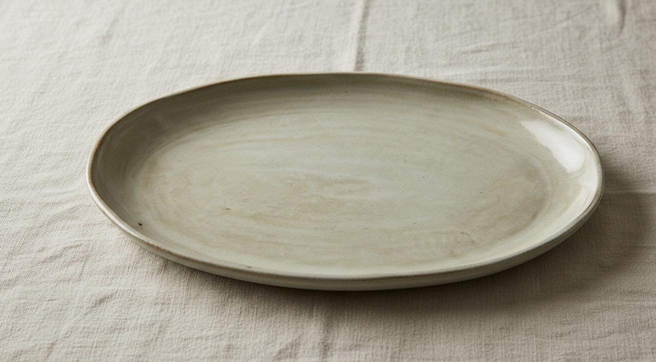 Large oval handmade ceramic serving platter on linen table