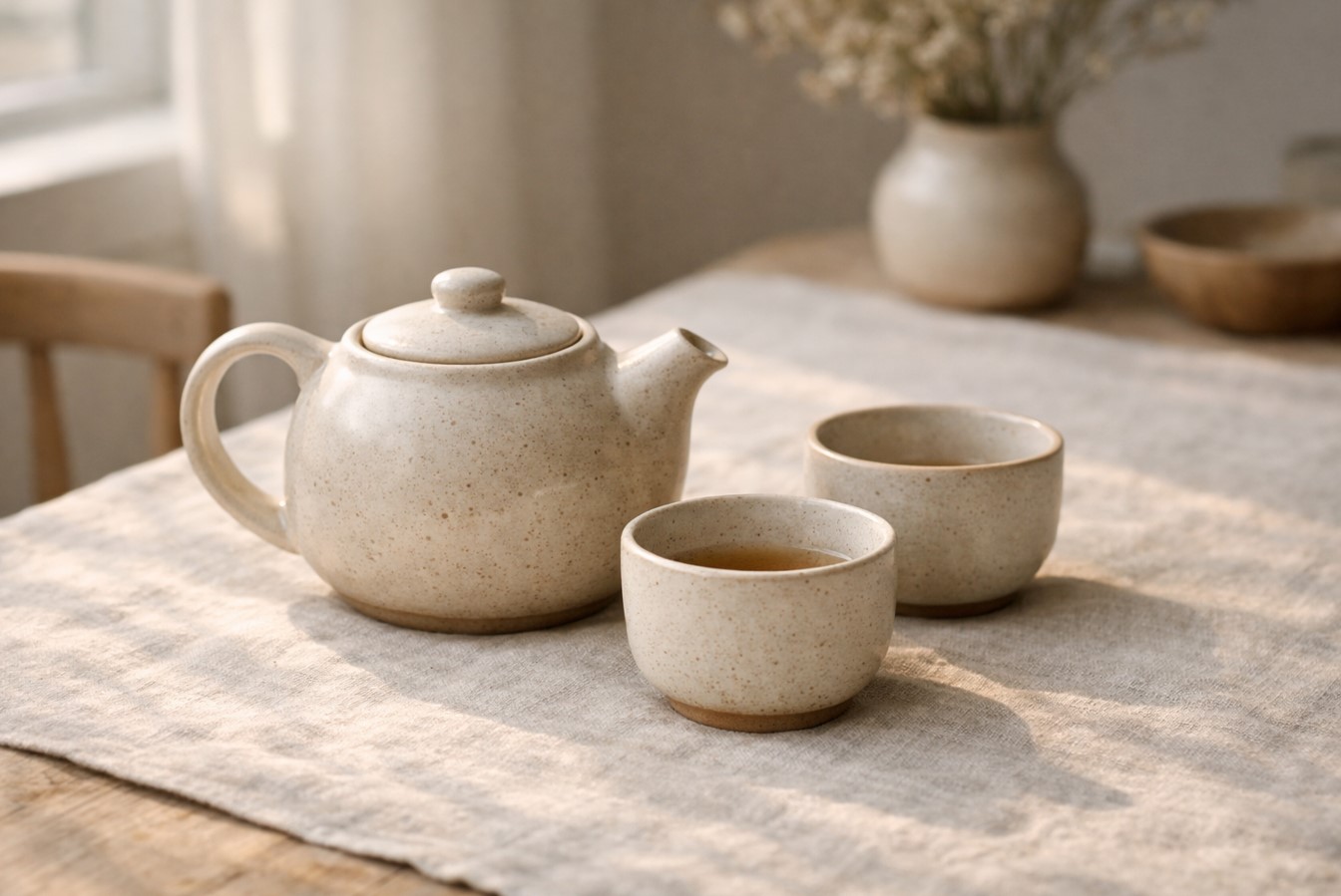 Tea serving set teapot and two cups handmade ceramic