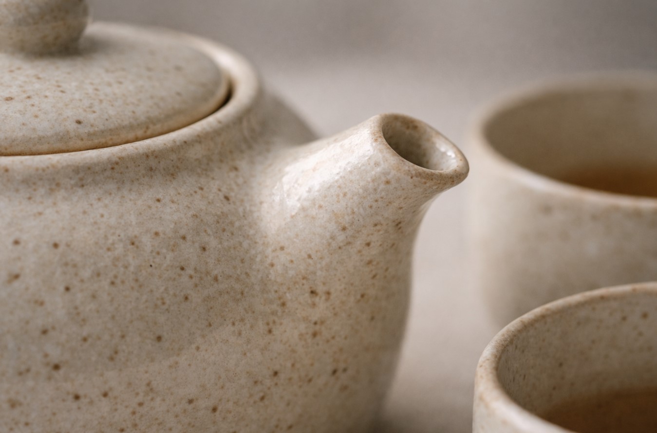 Close-up of handmade ceramic glaze texture on teapot and cup