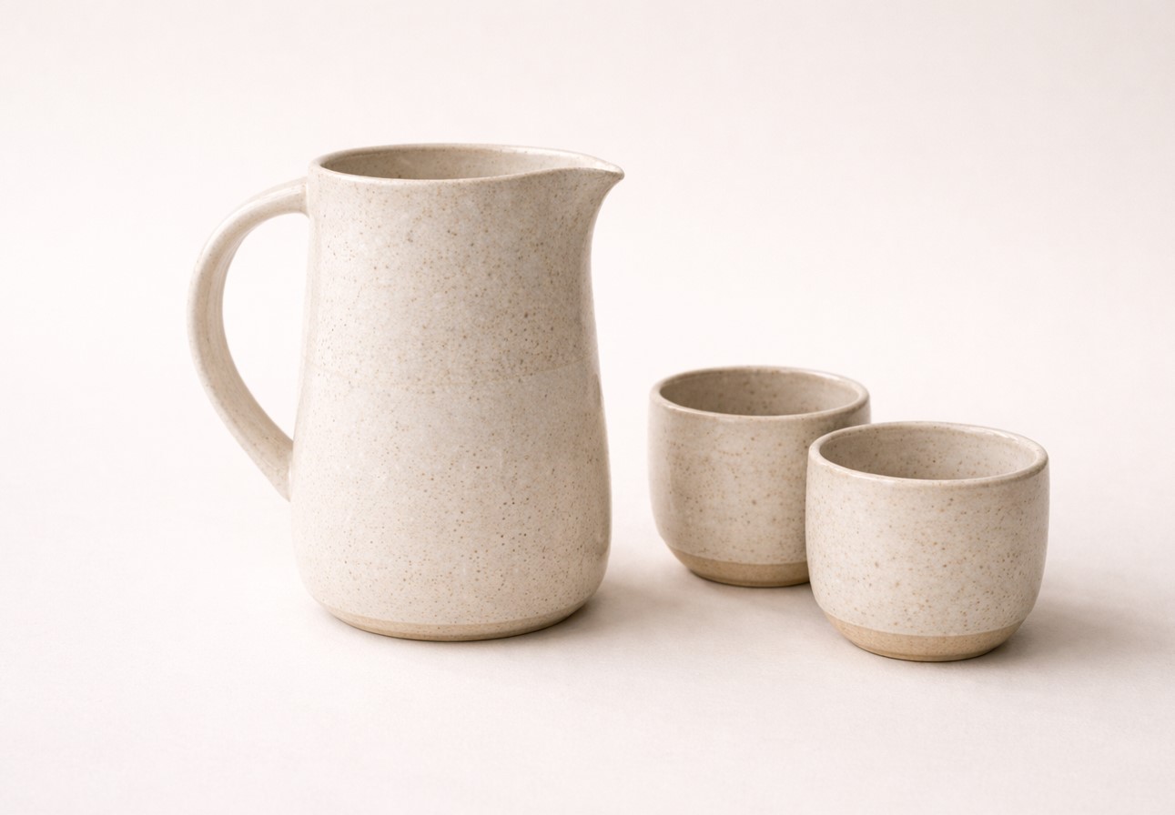 Close-up of handmade ceramic glaze texture on pitcher and cup rim