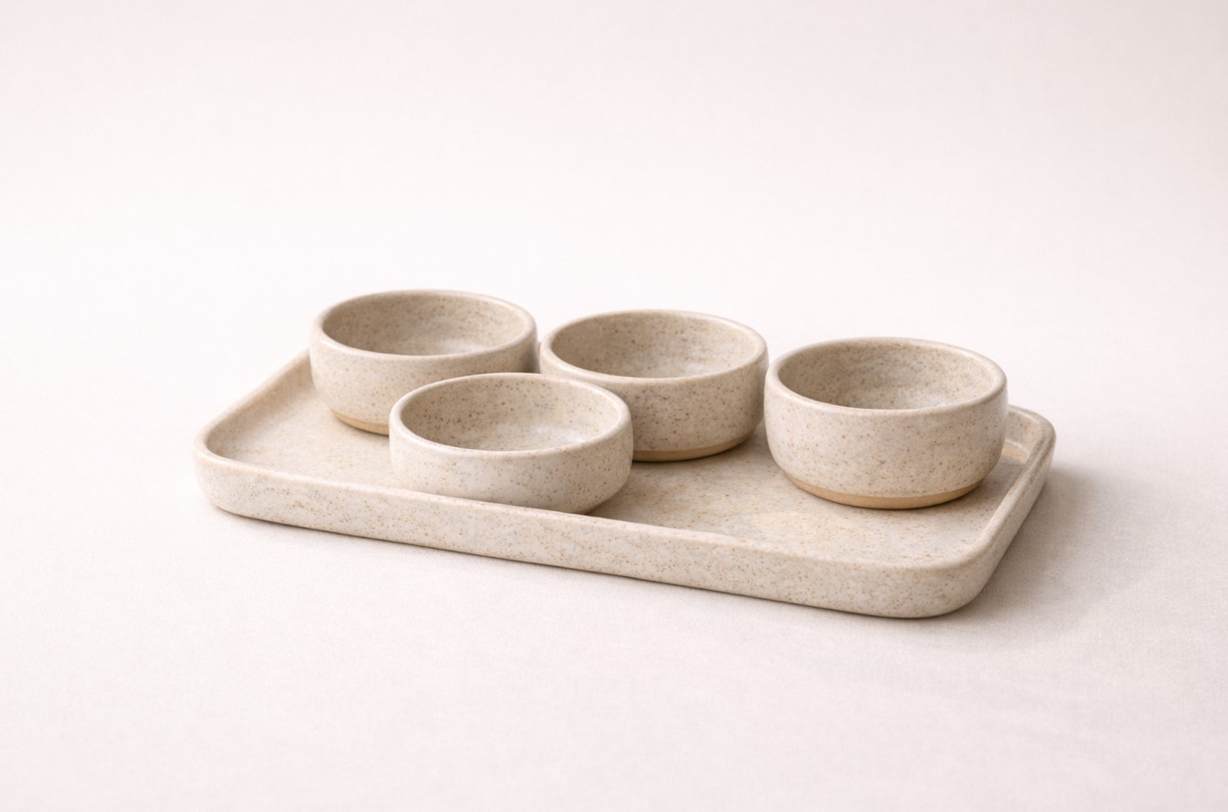 Studio packshot of ceramic tapas serving set with tray and four dishes