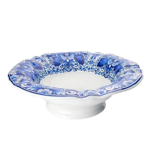 Hand-Painted Blue Floral Ceramic Pedestal Fruit Bowl – 30 cm